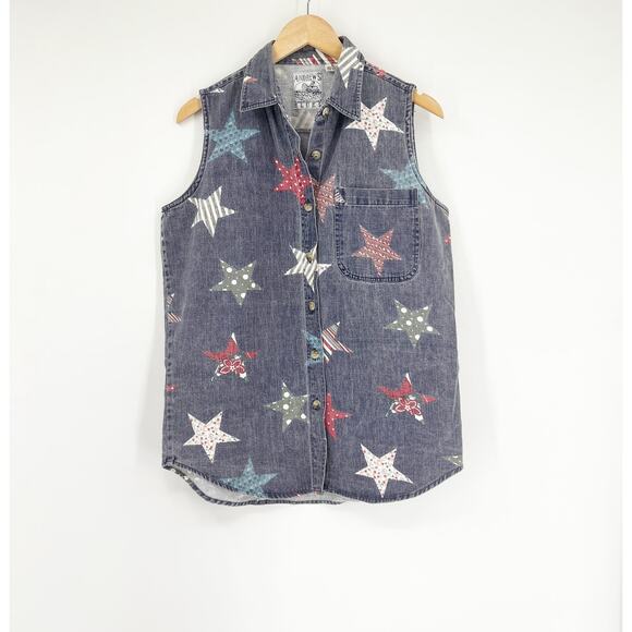 Vintage 90s Andrew's Blues Star Retro Chambray Button Up Tank Large - Picture 1 of 5